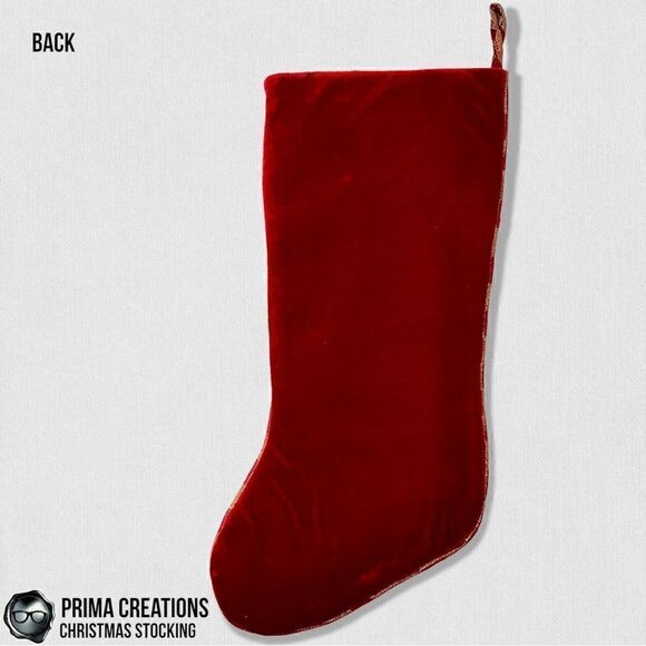 VINTAGE CHRISTMAS STOCKING FELT APPLIQUÉD SANTA & GIFTS ON VELVET IN RED & GOLD - Picture 4 of 13